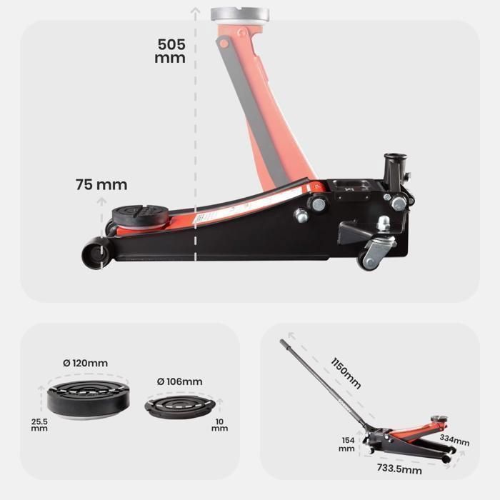 3T hydraulic jack – double lifting, extra-flat 75 mm, robust with rubber pads