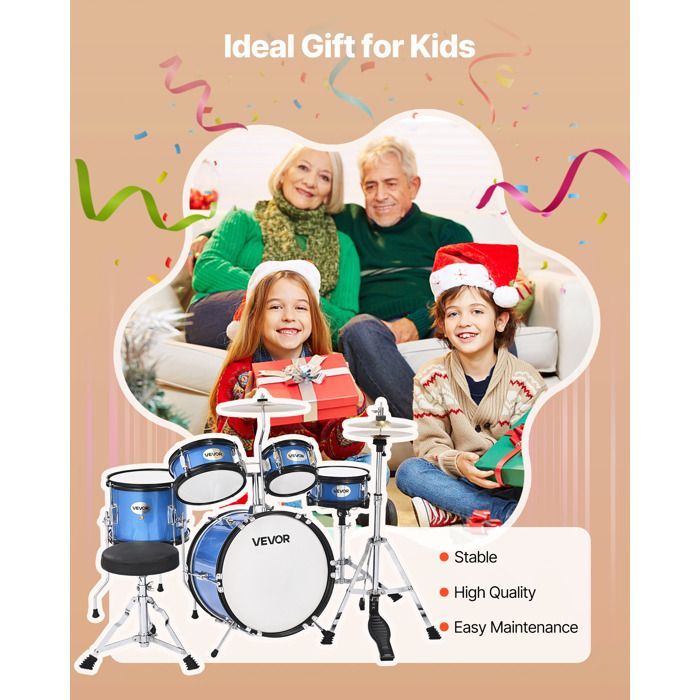 Batteria per bambini VEVOR a 5 pezzi - Batteria per principianti - Grancassa da 14 pollici con tom-tom - Rullante da 8 pollici - Timpano da 10 pollici - Blu