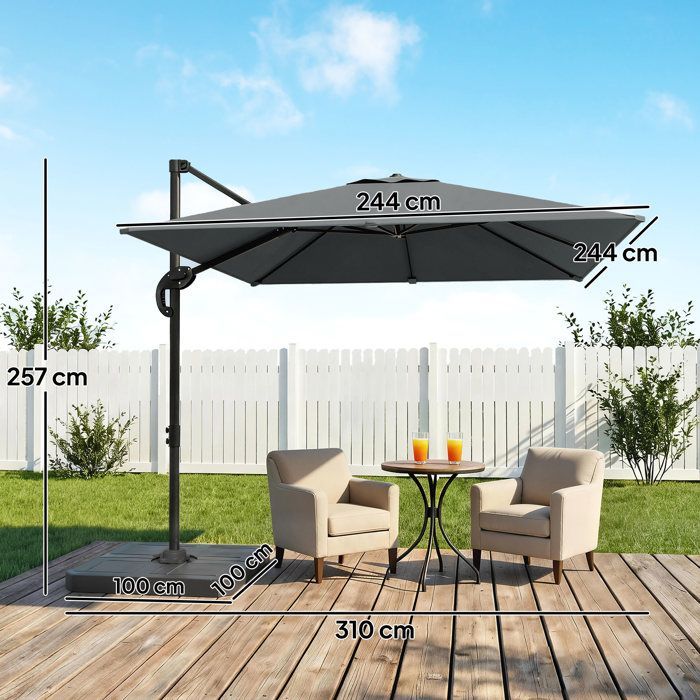 Zweefparasol - tuinparasol voor buiten - Outsunny - voet en verzwaarde platen - aluminium paal en 360° draaibaar via voetpedaal - grijs