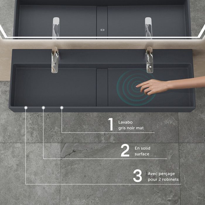Lavabo de encimera Sogood, gris mate/negro, lavabo de baño mural, 120x40x14cm, lavabo con orificios para 2 grifos.