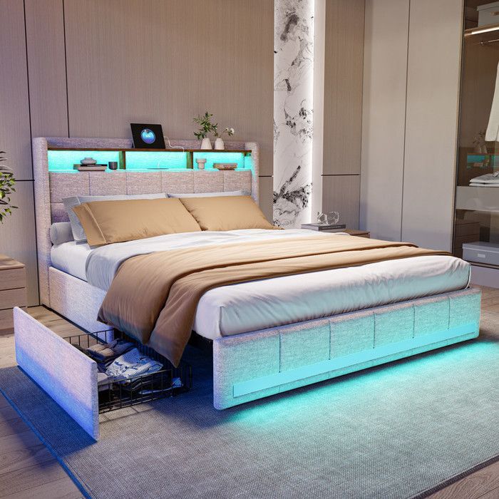 Letto matrimoniale 140 x 190 cm con rete a doghe, letto matrimoniale con cassetti, letto matrimoniale imbottito con LED e porte USB, doghe in legno, lenzuola beige