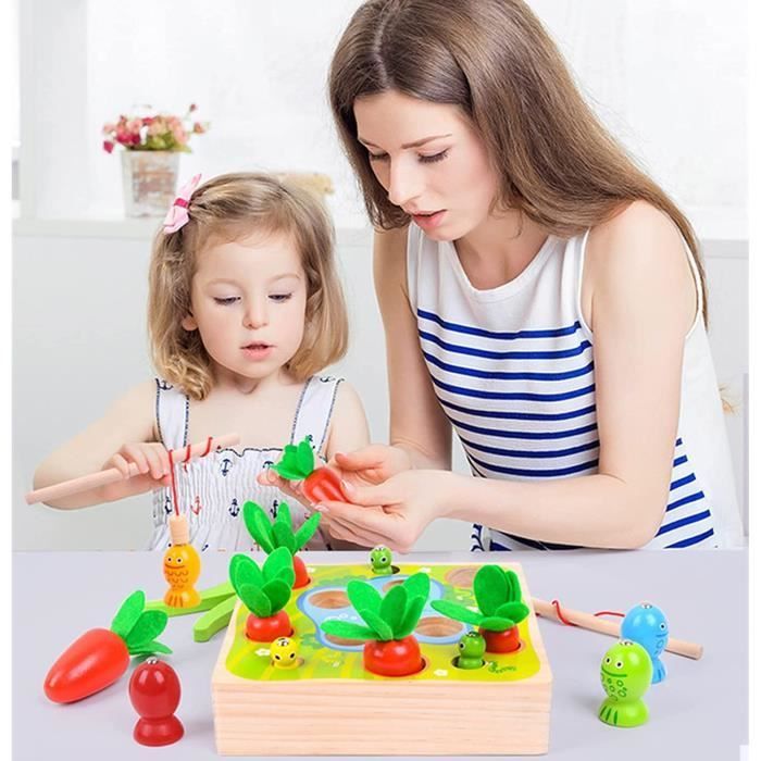 Juguete educativo de madera ZGEER - Juego de pesca de rábanos para arrastrar - Multifuncional 3 en 1