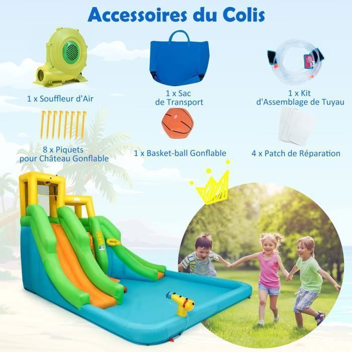 Château Gonflable pour Enfants DREAMADE avec Piscine, Toboggans d'eau, Mur d'Escalade et Panier de Basket