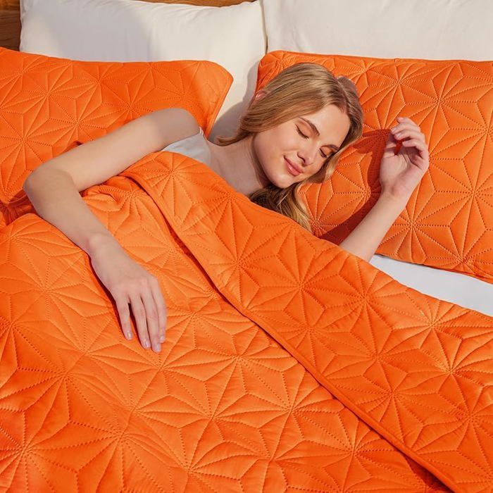 Colcha de 240x260 cm con 2 fundas de almohada, colcha suave y ligera con estampado de gofre de 240 x 260 cm #Manta de cama naranja