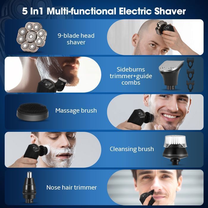 TTLIFE Rasoir Electriques Hommes Cheveux 6 en 1 Rasoir Crane Rasoir 9D Flottant tanche Humide Sche Rechargeable US TONDEUSE A BARBE