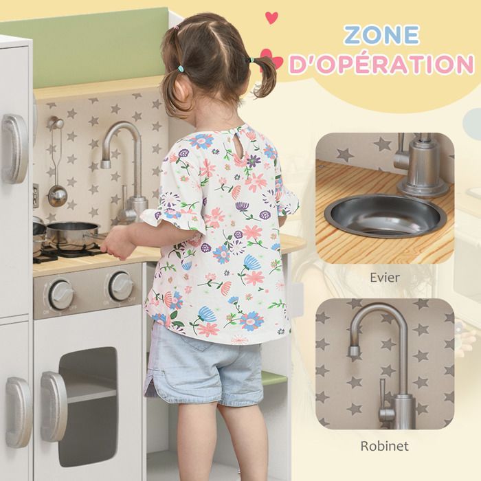 Kinderkeuken - AIYAPLAY - Houten fantasiespeelset met ijsmachine, gootsteen en keukengerei - Hout - 84x34x89cm - Wit