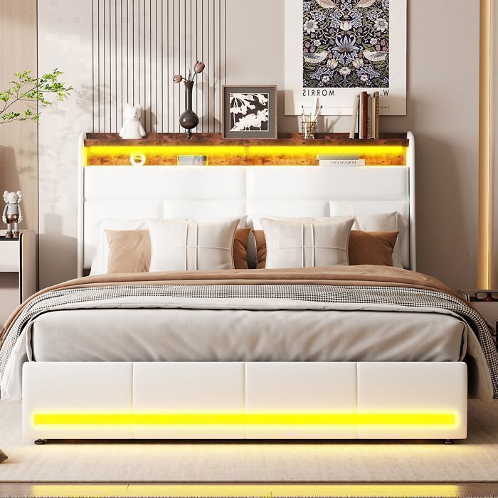 Lit 160x200 cm - LED - tissu en PU - cadre de lit adulte - lit adulte 160x200 cm - 160x200 cm - Blanc