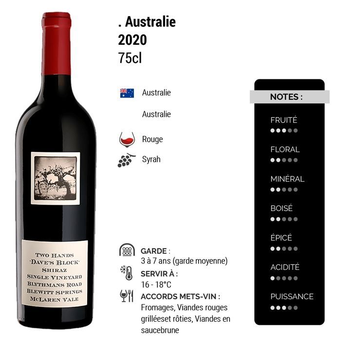 Two Hands Australia Dave's Block McLaren Vale 2020 - Vinho Tinto Australiano (3x75cl)