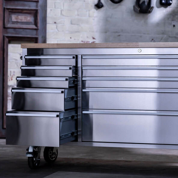 Stainless steel workshop trolley, 10 drawers, 198 cm