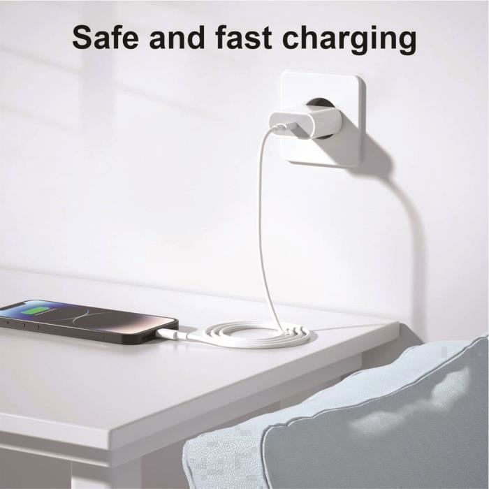 Chargeur USB-C 20W - Apple - iPhone 14/13/12/11 - Câble 2m - Charge rapide - Blanc ZISONIX®