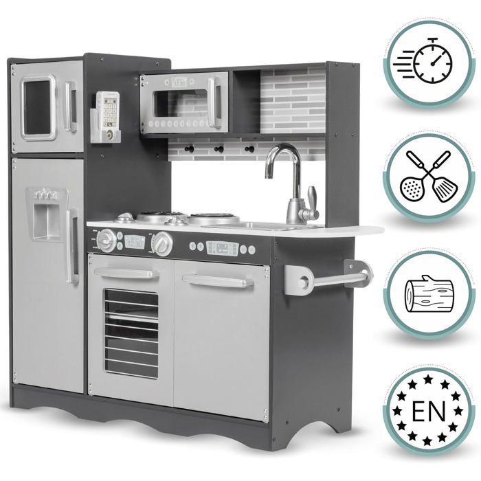 Cuisine pour enfants - MAMABRUM - Cuisine enfant en Bois LED - 93x30x83 cm - Éclairage LED - Ustensiles inclus