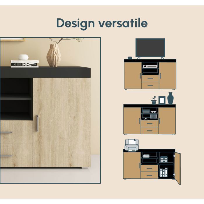 Buffet de Salon ROQUE 140x80x40 cm - Enfilade 2 Portes 2 Tiroirs - Coloris Noir et Chêne Sonoma - Rangement Séjour