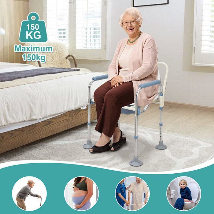Silla inodoro, cubo higiénico, capacidad de 150 kg, altura regulable, segura, cubo incluido, fija, silla de ducha, silla de baño