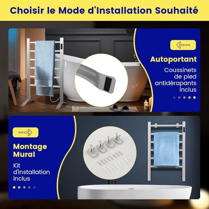 Radiador toallero eléctrico COSTWAY de 100 W, 30-60 °C, con temporizador, pantalla LED, protección contra sobrecalentamiento, independiente o