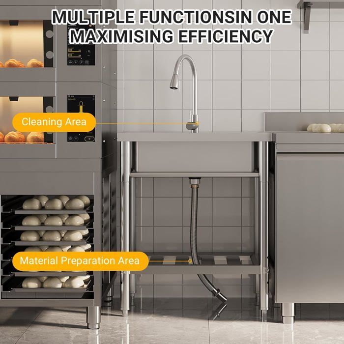 Fregadero de cocina de un solo seno con encimera de acero inoxidable con patas, fregadero con grifo de agua fría/caliente y escurridor para cocina de 72 x 51 x 87 cm.