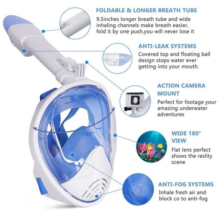 Maschera subacquea integrale antiappannamento PIMPIMSKY a 180° con boccaglio integrato per bambini/adulti - Taglia S/M Blu