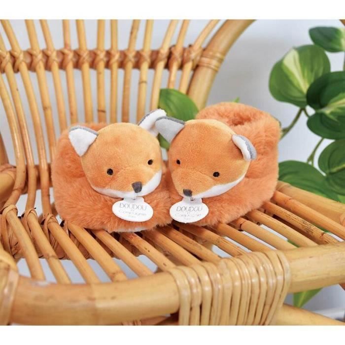 Patucos de bebé con estampado de zorro naranja y sonajero – 0-6 meses | Doudou & Compagnie (UNICEF)