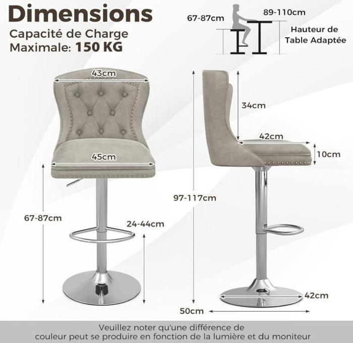 Tabourets de Bar Lot de 2 - RELAX4LIFE - Réglable en Hauteur 67-87CM- Pivotant à 360° - Chaise en Velours - Pied en Métal - Gris
