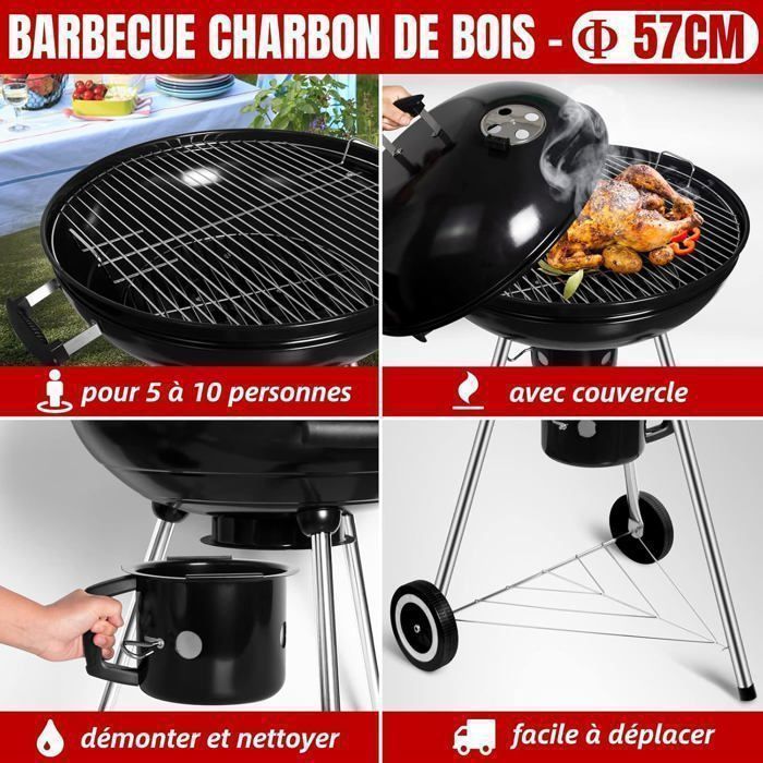 Barbecue rotondo a carbone, diametro 57 cm, barbecue mobile, griglia da giardino portatile, con coperchio e 2 ruote - 60 * 57 * 82 cm