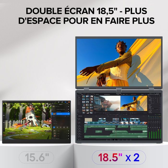 Portátil com tela dupla superior e inferior de 15,6 polegadas e resolução 1080p.