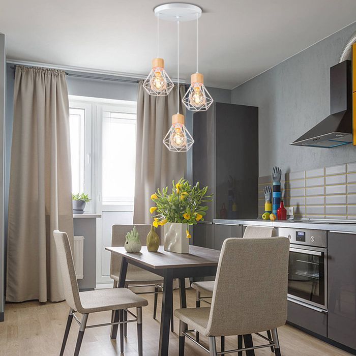 SNOGOLD Vintage hanglamp met 3 lampen (E27 fitting) van metaal en hout, geschikt voor woonkamer en slaapkamer, wit