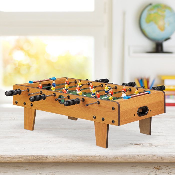 Mesa de futbolín Relaxdays Mini para niños y adultos, juego de fútbol de viaje, 69 x 37 cm, verde-marrón