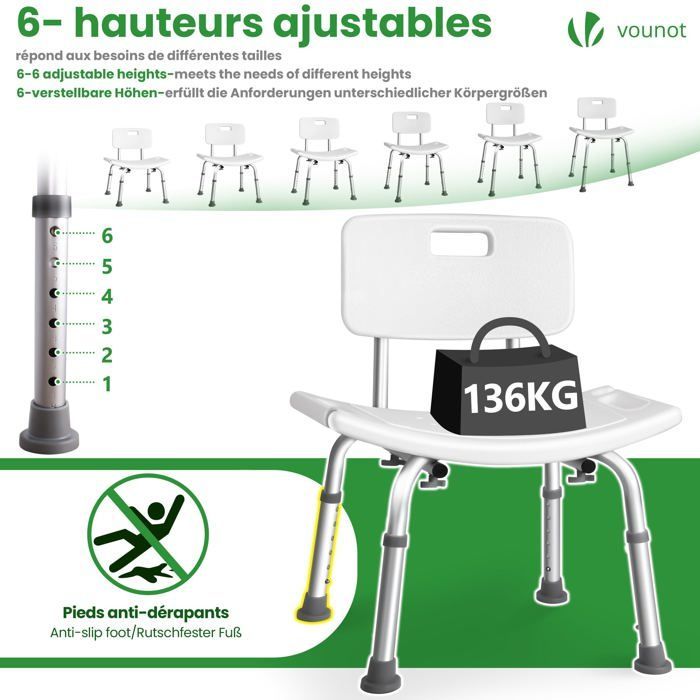 Silla de ducha VOUNOT® con respaldo ergonómico - Altura ajustable - Patas antideslizantes - Asiento de aluminio y HDPE - Blanca