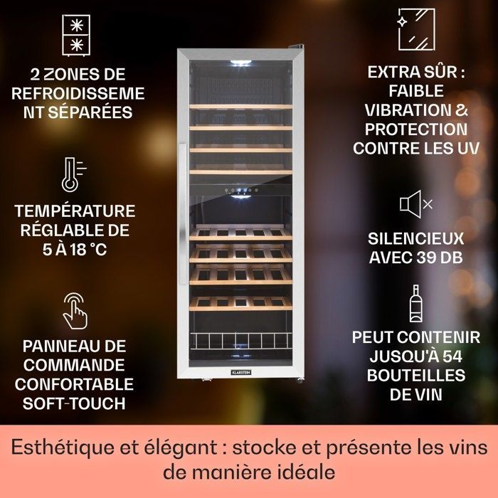 Adega climatizada Klarstein Barossa - Preta - Prateleiras de madeira - Porta de vidro - Visor LCD - Temperatura de 5 a 18°C