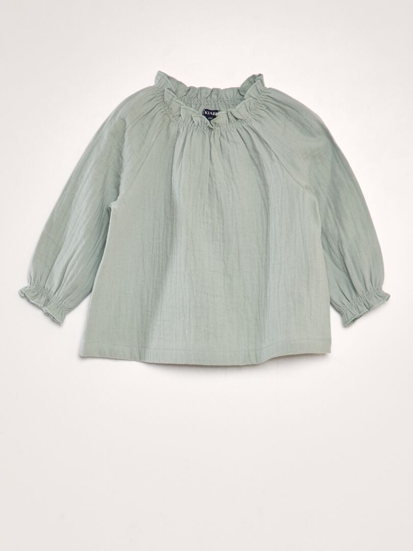 Blusa de manga comprida com gola franzida - VERDE