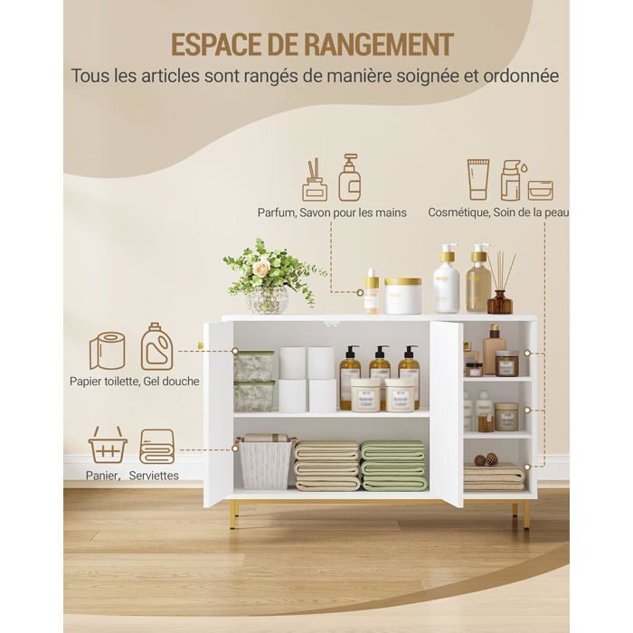 Armario de baño, unidad de almacenamiento, armario de baño, armario de almacenamiento con 2 puertas, compartimento abierto, blanco-dorado