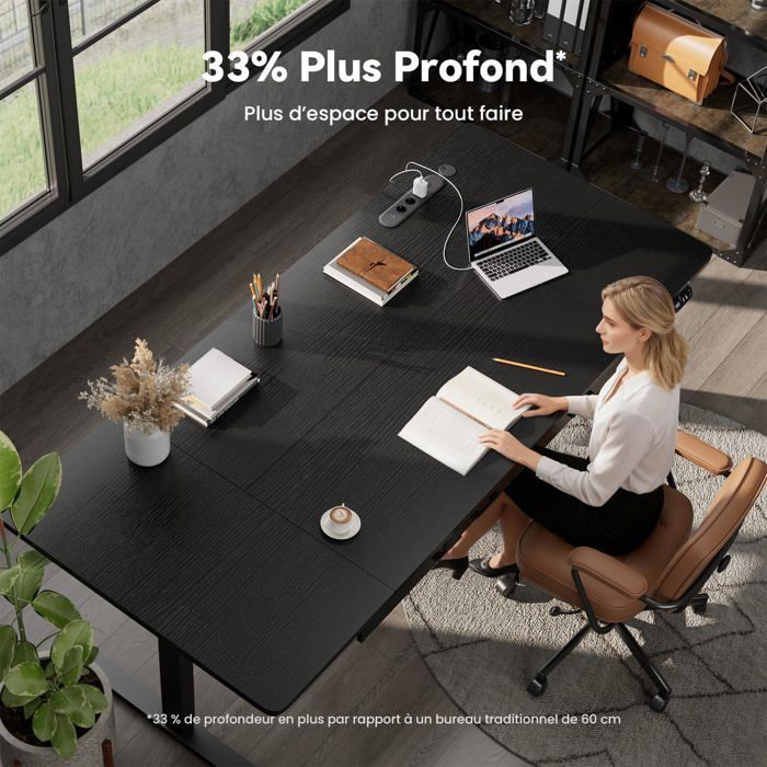 Mesa elétrica HLONONE para trabalhar sentado ou em pé, 200 x 80 cm, com tomada integrada, 2 gavetas removíveis, porta USB-C, preta.