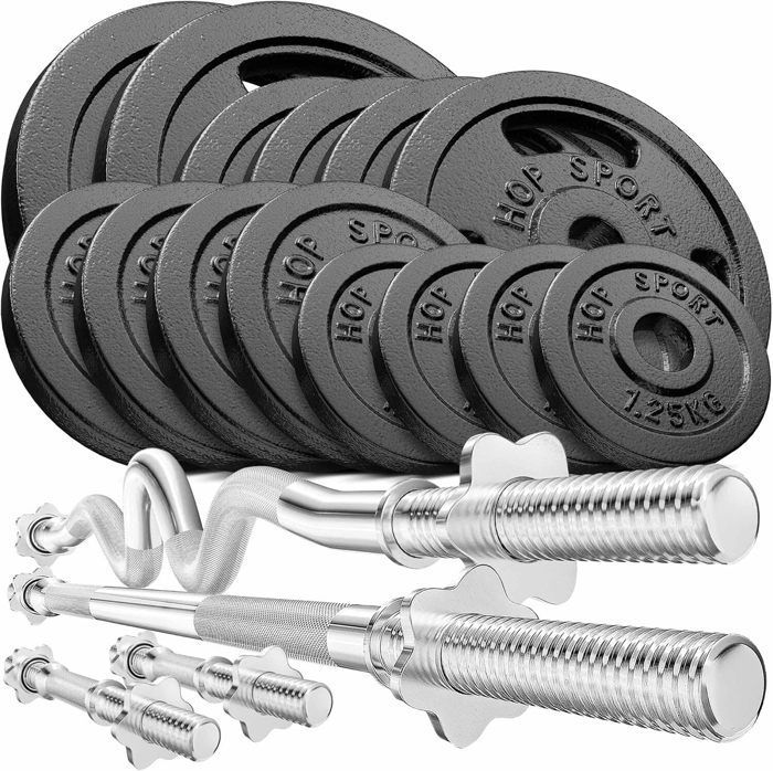 Hop-Sport 76kg Cast Iron Dumbbell Set, Two Short Bars, Long Bar, Super SZ-Curl Bar and Weight Plates, Dumbbell Set