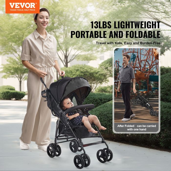 Lightweight Baby Stroller - VEVOR - Compact Toddler Stroller with Multi-Position Reclining Backrest - Black