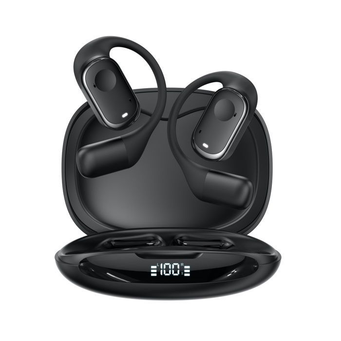 Wireless earphones, WOVTE, OWS, Bluetooth earphones, waterproof, dual ENC microphones, with digital display, black.