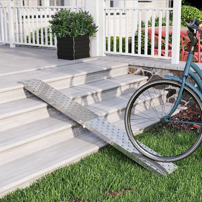 Rampa de carga plegable para motocicletas, capacidad de 230 kg, acero galvanizado, correas de seguridad, 190 × 22 × 8 cm, color plata.