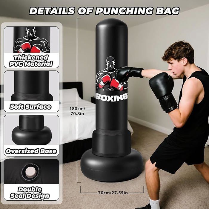 Saco de boxeo inflable de 180 cm para adultos con guantes y bomba de aire, saco de boxeo independiente para niños, para MMA, kárate y fitness.