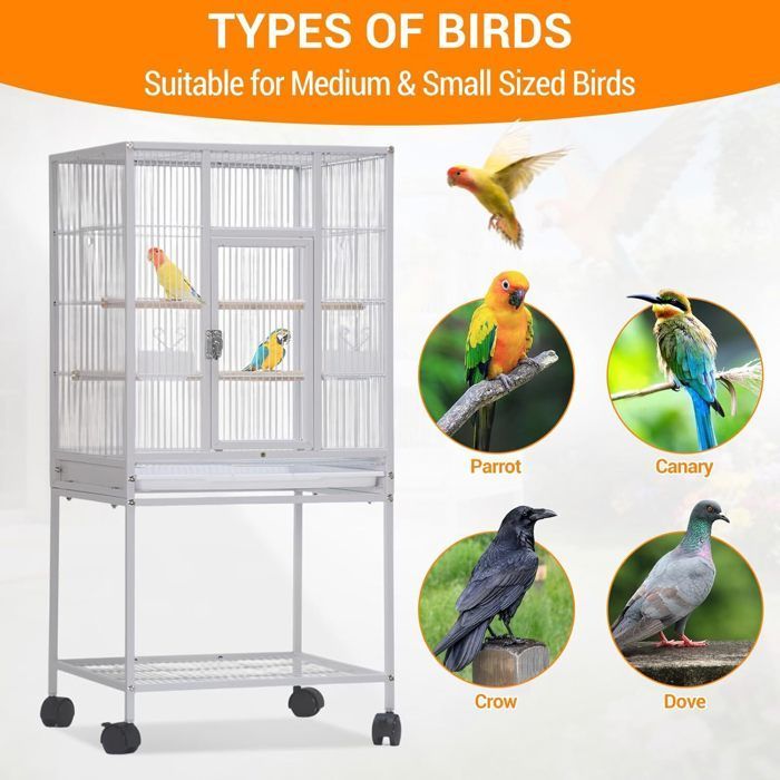 Jaula grande para pájaros - con soporte y ruedas - para cacatúas, periquitos, canarios, loros - acero - 48,5 x 46 x 103 cm - blanco