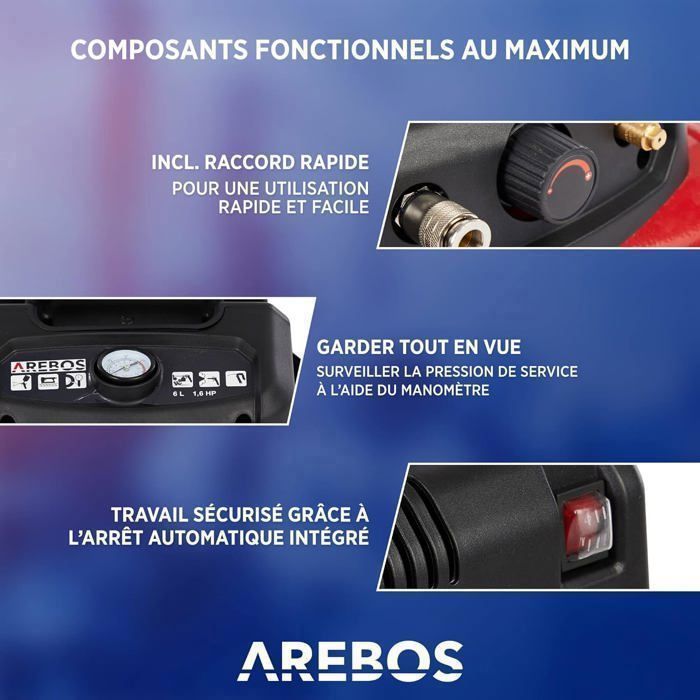 AREBOS  Compresseur d'air - Modèle avec kit 13 pièces - Sans huile - Arrêt automatique - 6 L