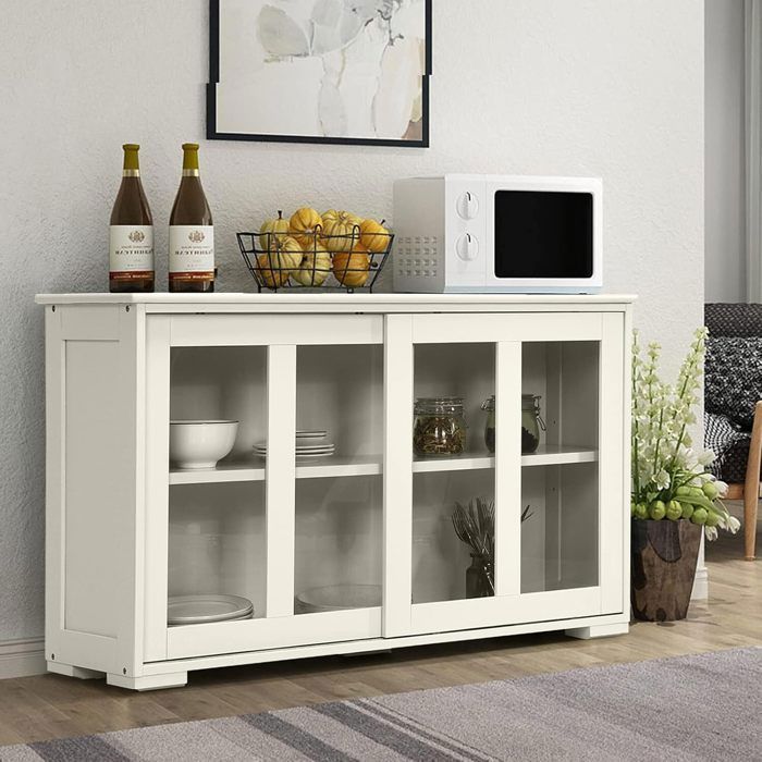 GIANTEX Buffet de Cuisine avec 2 Portes Coulissantes en Verre Trempé+ Étagère Réglable,Vaisselier/Meuble de Rangement Cuisine,Beige