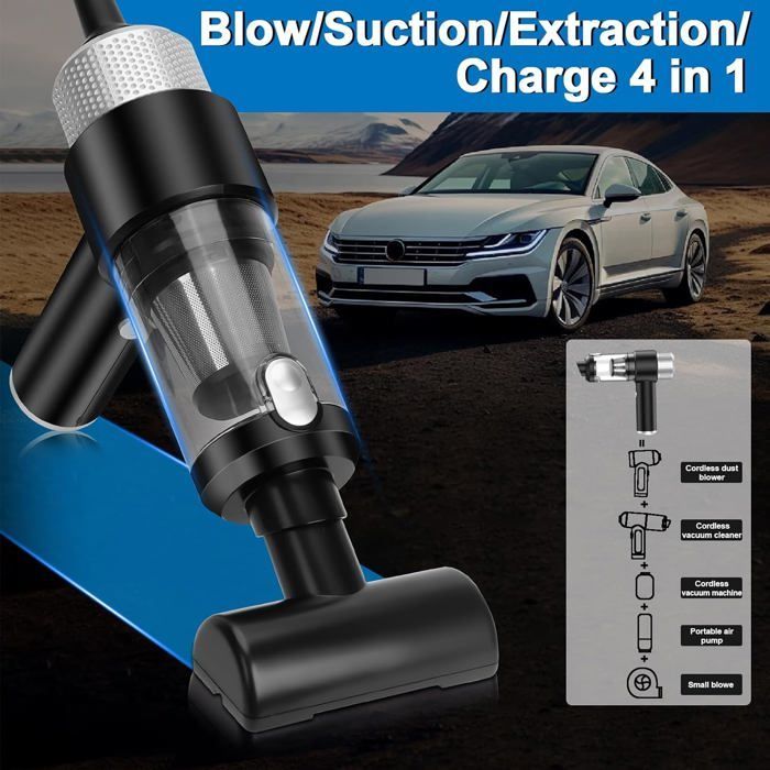 Aspiradora de mano inalámbrica para coche de 15000 Pa, mini aspiradora de mesa inalámbrica 4 en 1 con USB-C, 5 boquillas y 2 filtros.