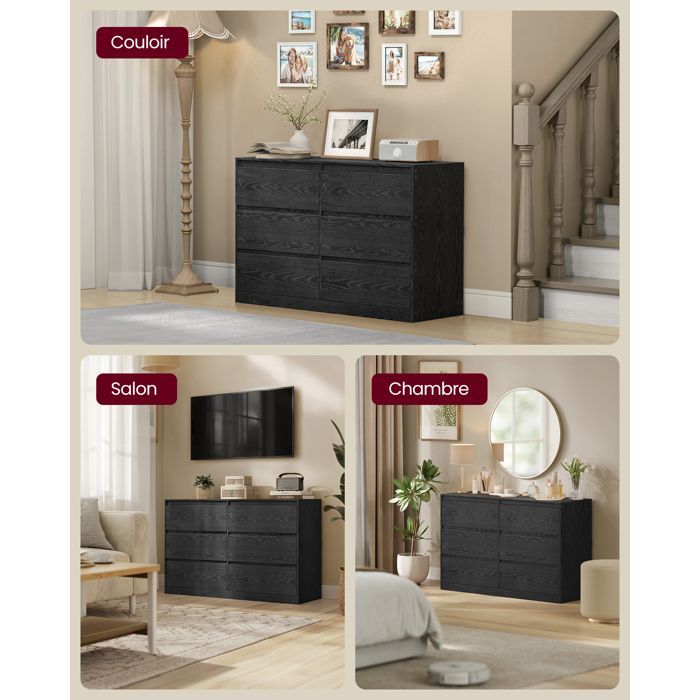 Commode Chambre 6 Tiroirs - VASAGLE - Moderne - Noir Boisé - Sécurité Anti-Basculement