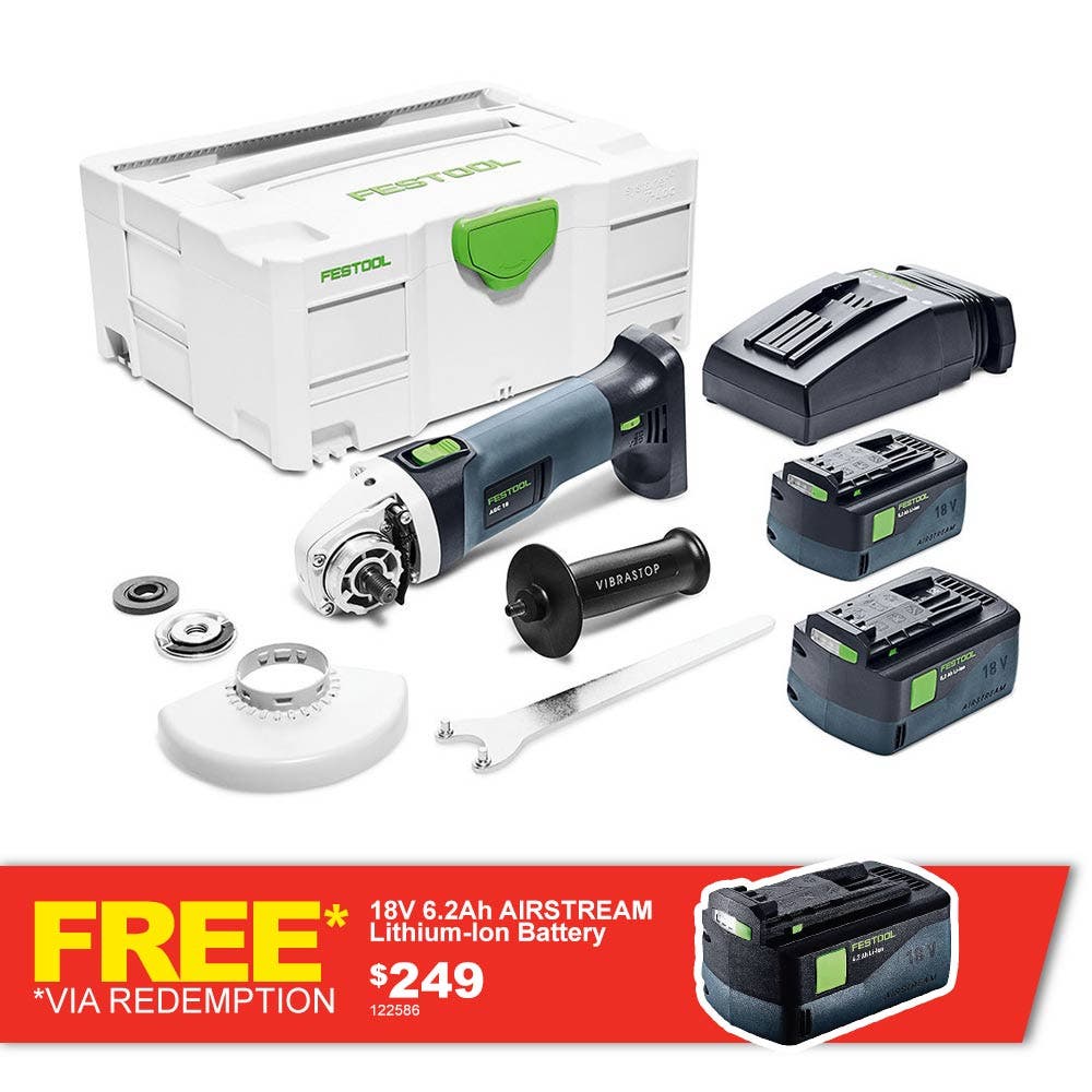 Esmerilhadeira angular sem escovas FESTOOL AGC 18 V 125 mm com 2 baterias de 5,2 Ah em Systainer (conjunto 577031)