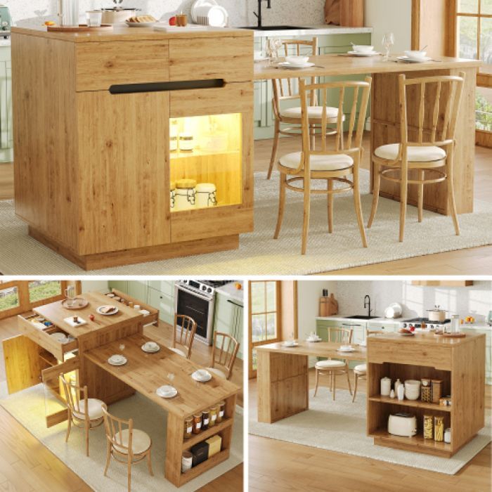Kitchen island with extendable table, LED lighting, oak effect finish, drawers, glass door and storage spaces. CENTRAL ISLAND