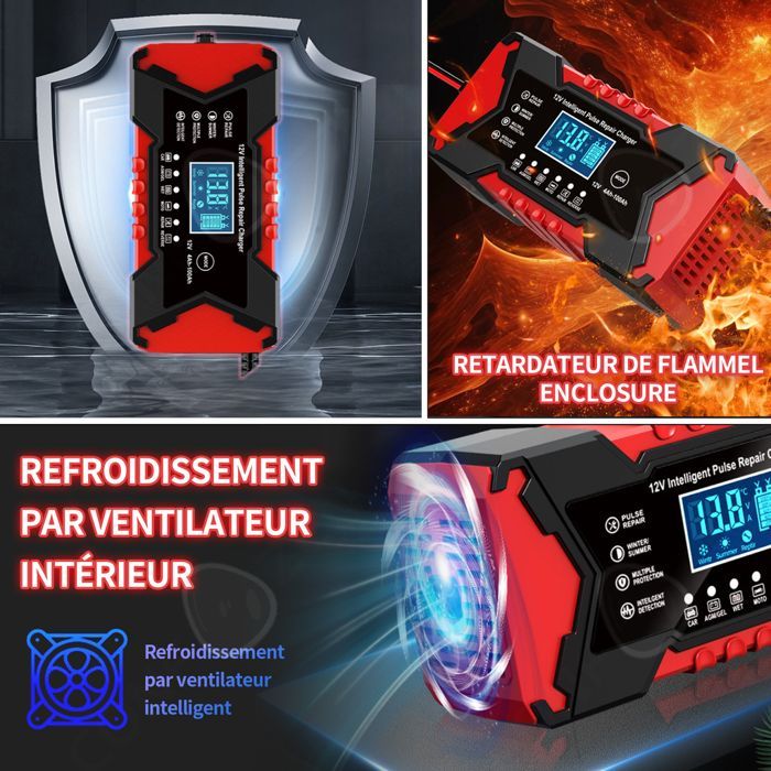 Caricabatterie intelligente da 12V 6A, caricabatterie per auto con schermo tattile LCD, protezione multipla per auto e moto.