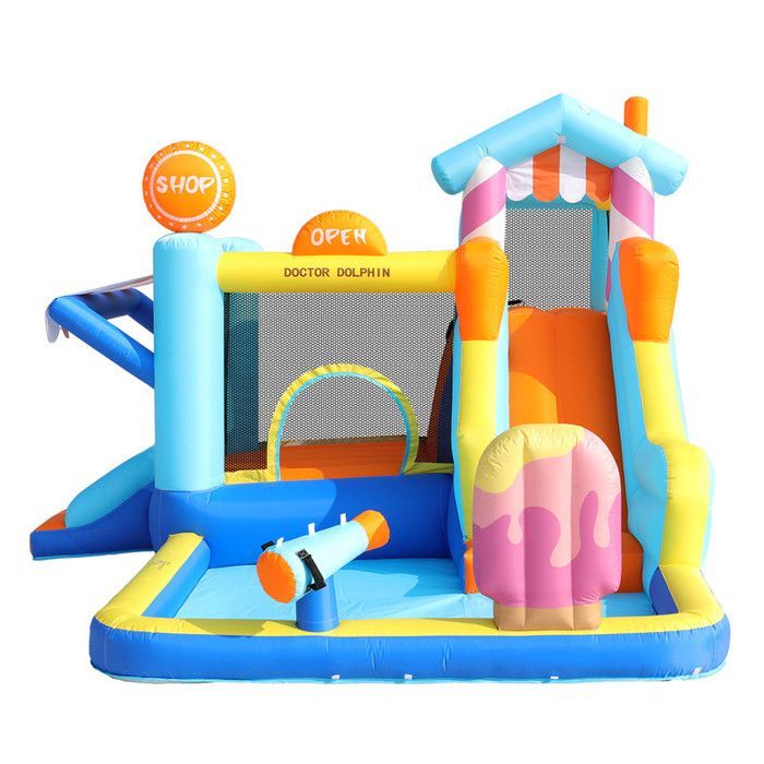 Opblaasbaar kasteel voor kinderen - Buitenwaterpark + trampoline - Waterglijbaan - Met 450W blower