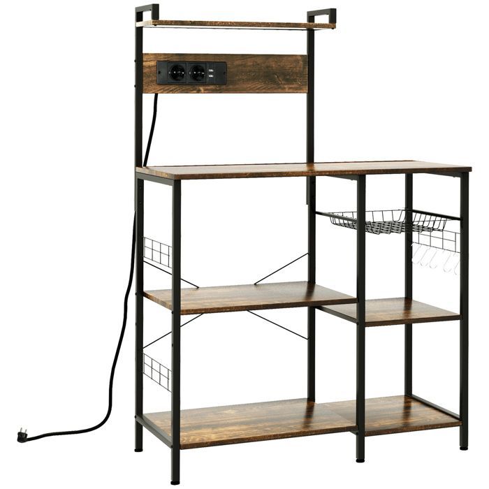 Estantería de cocina con tomas de corriente integradas, mueble para microondas con estantes y cesta de rejilla, estilo industrial, marrón.