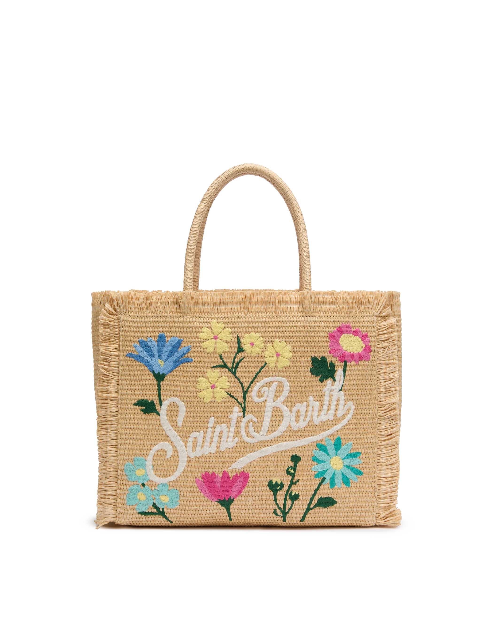 Beige Vanity schoudertas met stro-effect en opgenaaide bloemen.