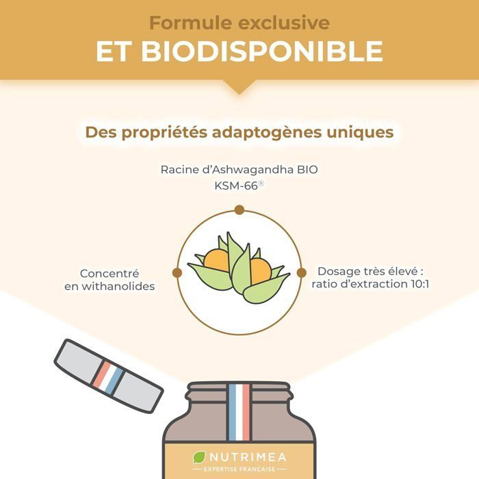 Orgaaninen ashwagandha KSM-66® 600 mg Adaptogeeni – Stressi ja mielen hyvinvointi – 90 vegaanista kapselia – Nutrimea – ranskalainen asiantuntemus