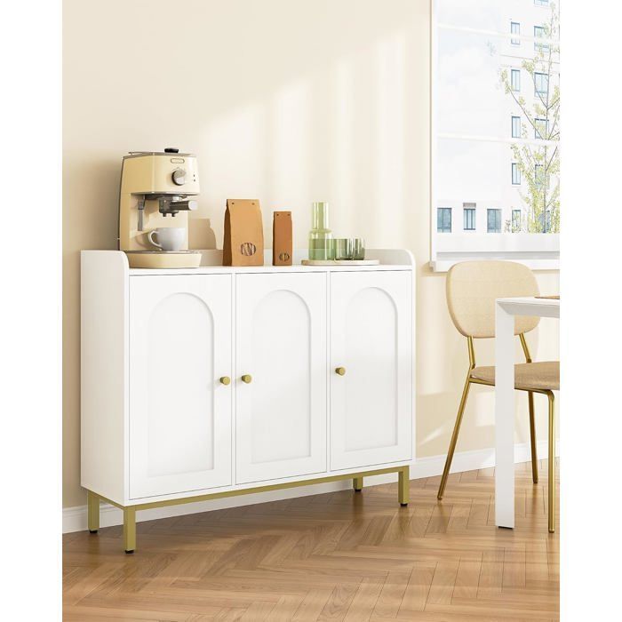 Armario de almacenamiento, mueble de baño, aparador para salón con 3 puertas curvas, estantes ajustables, 30 x 100 x 80,5 cm, blanco