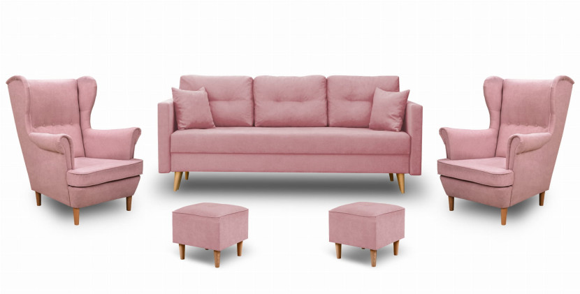 Zestaw skandynawski sofa 2xfotel 2xpodnóżek Różowy
